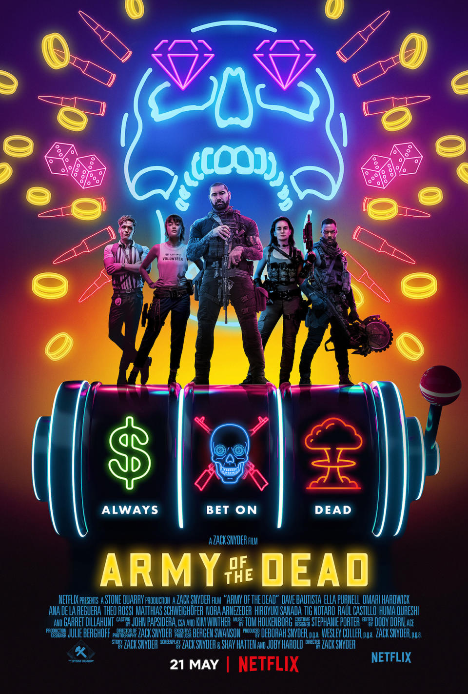 A bright neon colored poster for Army of the Dead with the characters standing atop a slot machine