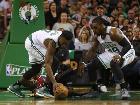 Apr 30, 2017; Boston, MA, USA; Boston Celtics forward Jaylen Brown (7) and forward Jae Crowder (99) move in to get a ball lost by Washington Wizards guard John Wall (2) during the second half of the Boston Celtics 123-111 win over the Washington Wizards in game one of the second round of the 2017 NBA Playoffs at TD Garden. Mandatory Credit: Winslow Townson-USA TODAY Sports