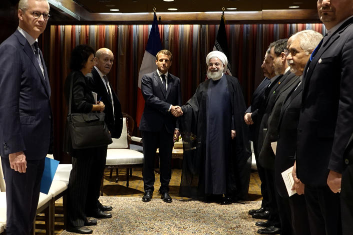 President Hassan Rouhani, right, shakes hands with French President Emmanuel Macron during their meeting on the sideline of the United Nations General Assembly at U.N. headquarters on Sept. 24, 2019. (Photo: Iranian Presidency Office via AP)