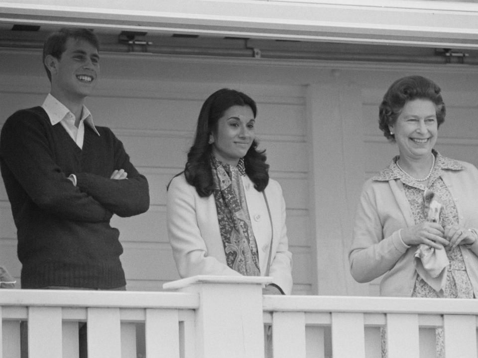 <p>Andrew pictured alongside Princess Sarvath al-Hassan and Queen Elizabeth II in 1984</p>Getty Images