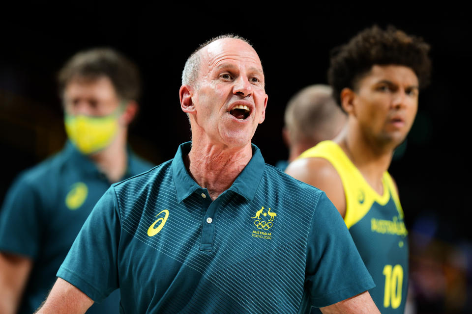 TOKYO, JAPAN - AUGUST 05: Australia coach Brian Goorjian during the Men's Basketball Semifinal match between USA and Australia on Day 13 of the Tokyo 2020 Olympic Games at Saitama Super Arena on August 05, 2021 in Tokyo, Japan. (Photo by Pete Dovgan/Speed Media/Icon Sportswire via Getty Images)