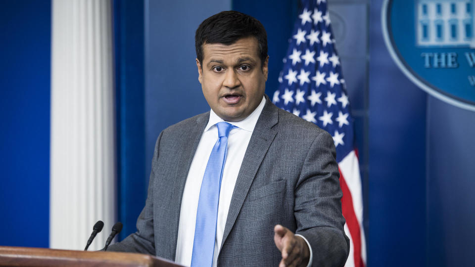 File: White House deputy press secretary Raj Shah takes questions from reporters during a press briefing at the White House on Monday, March 26, 2018 in Washington, DC. / Credit: Jabin Botsford/The Washington Post via Getty Images