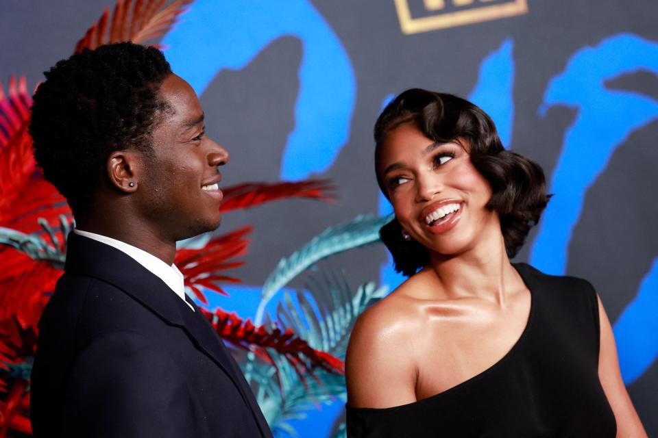 Damson Idris and Lori Harvey attend the premiere for the final season of 'Snowfall' at The Ted Mann Theater in Los Angeles, California, on February 15, 2023.