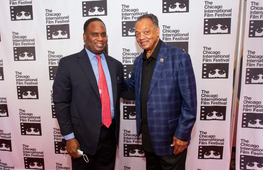 Jonathan Jackson with his father, the Rev. Jesse Jackson, on Oct. 14, 2021 on the red carpet before a screening of “Punch 9 For Harold Washington” during the 57th Chicago International Film Festival at the AMC River East Theater in Chicago. (Photo by Barry Brecheisen/Getty Images)