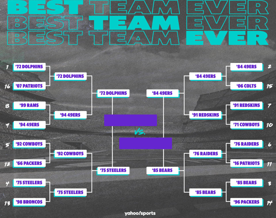 Best Teams Ever bracket: NFL edition, Final Four. (Yahoo Sports illustration)