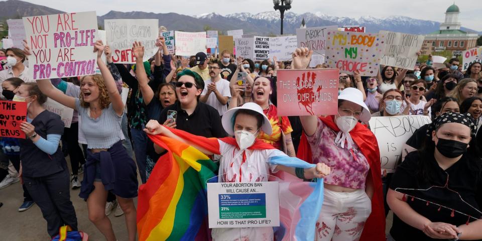 People attend an abortion-rights rally at the Utah State Capitol Thursday, May 5, 2022, in Salt Lake City.