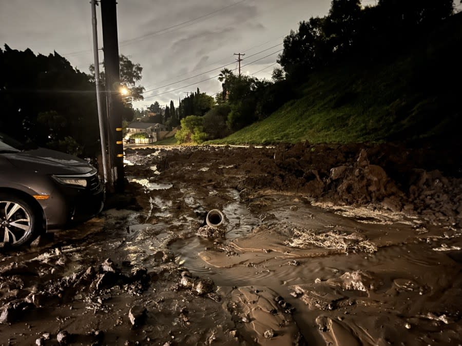 Photos showing damage caused by a mudslide in Torrance.  Photos were shared with KTLA on March 15, 2024. (Jeff Guild)
