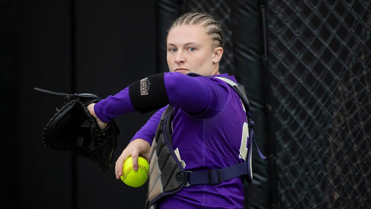 James Madison catcher Lauren Bernett during a NCAA softball game on Friday, May 28, 2021 in Columbia, Mo. (AP Photo/Colin E. Braley)