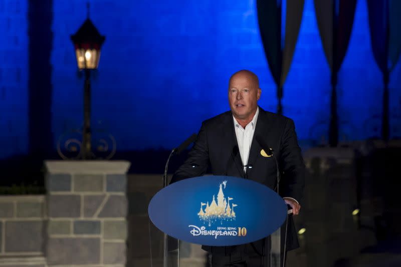 FILE PHOTO: Bob Chapek, chairman of Walt Disney Parks and Resorts, speaks during the 10th anniversary ceremony of Hong Kong Disneyland in Hong Kong, China