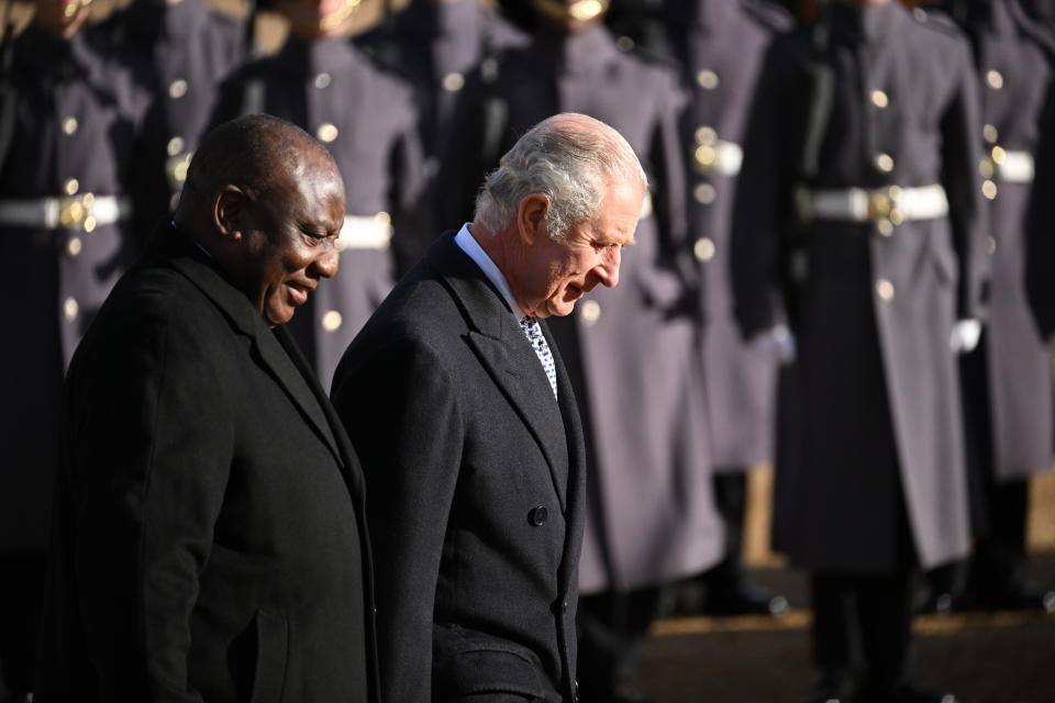 Britain's King Charles III and President of the Republic of South Africa Cyril Ramaphosa attend the Horse Guards Parade during his welcome ceremony at Horse Guards, in London, Tuesday, Nov. 22, 2022. This is the first state visit hosted by the UK with King Charles III as monarch, and the first state visit here by a South African leader since 2010. (Leon Neal/Pool Photo via AP)