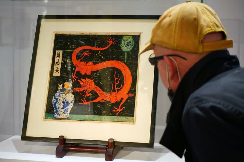 Painting for the original cover of "The Blue Lotus" Tintin comic book auctioned by Artcurial in Paris