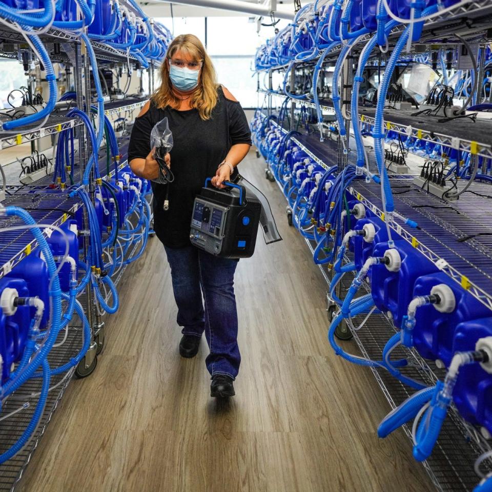 A General Motors and Ventec Life Systems team member finishes final testing of the last VOCSN V+Pro critical care ventilator for delivery to complete the 30,000 unit order for the U.S. Department of Health and Human Services - to help fight the COVID-19 pandemic - Monday, August 31, 2020 at the General Motors manufacturing facility in Kokomo, Indiana.