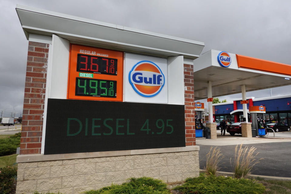 BENSENVILLE, ILLINOIS - SEPTEMBER 12: Gas prices are displayed at a Gulf gas station on September 12, 2022 in Bensenville, Illinois. According to a survey from the New York Federal Reserve, falling gas prices are raising optimism that inflation is on the decline. (Photo by Scott Olson/Getty Images)