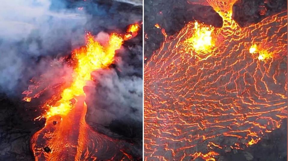 Stunning drone footage shows lava bursting through the ground after an eruption in July (@ragnarvisage, Instagram)