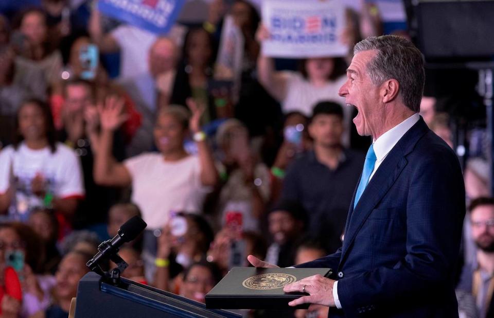 North Carolina Governor Roy Cooper reacts as he greets the crowd during a campaign event at James B. Dudley High School on Thursday, July 11, 2024, in Greensboro, N.C.