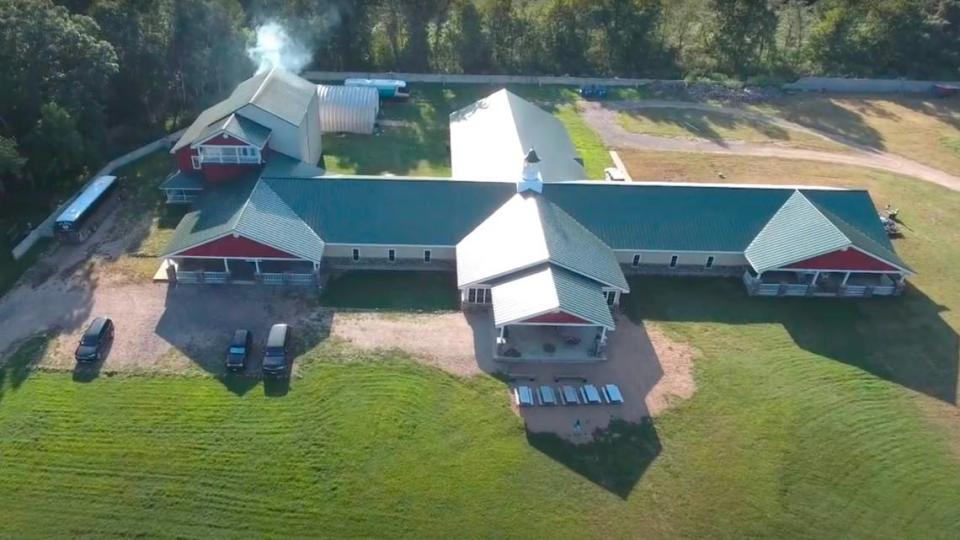 An overhead view of Lighthouse Christian Academy, an unlicensed boarding school in Wayne County, Missouri. The school closed in March 2024 and an investigation into abuse allegations by the sheriff’s department continues.