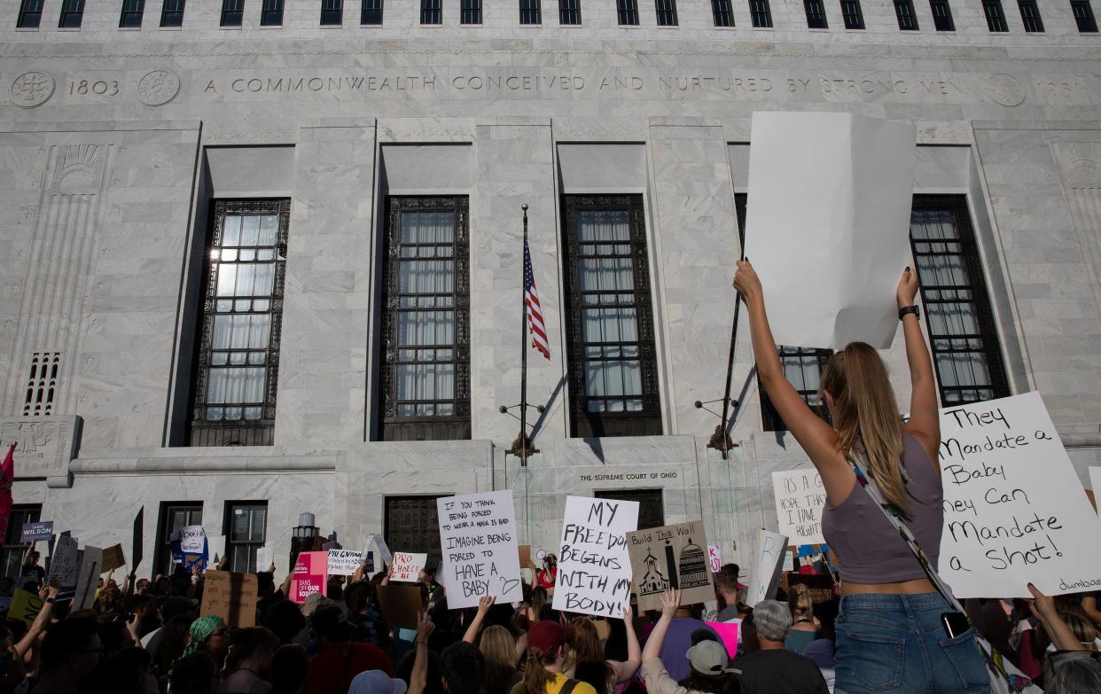 Protestors gathered around the Ohio Supreme Court building following the U.S. Supreme Court's decision to overturn Roe v. Wade.