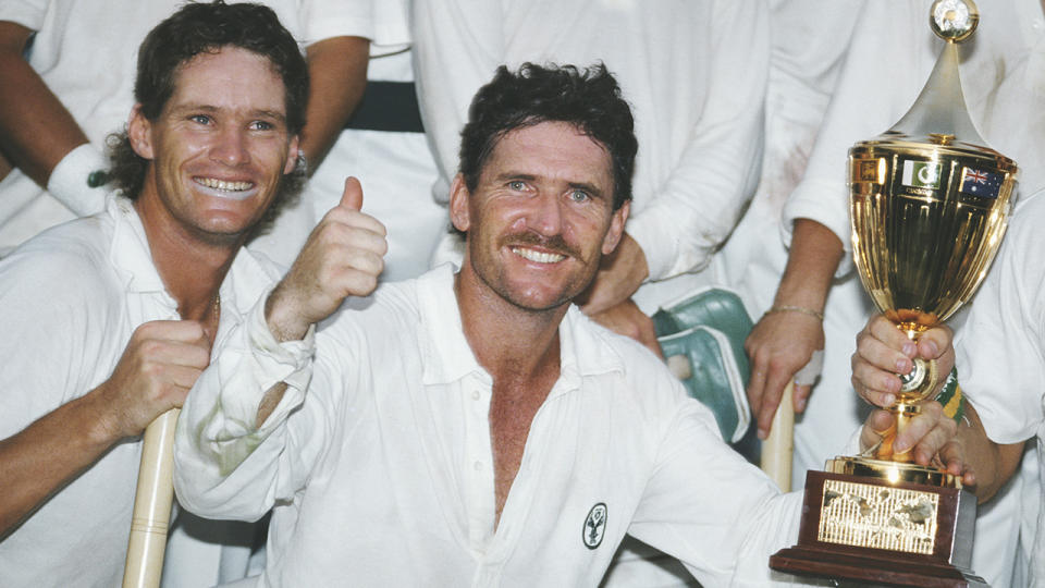 Dean Jones and Allan Border, pictured here after Australia's World Cup triumph in 1987.