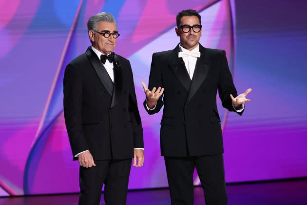 Eugene and Dan Levy at the Emmy Awards - Credit: Christopher Polk/Variety