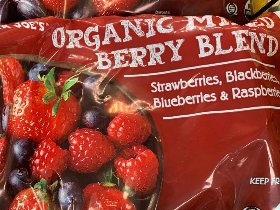 red bag with frozen berry blend from trader joe's