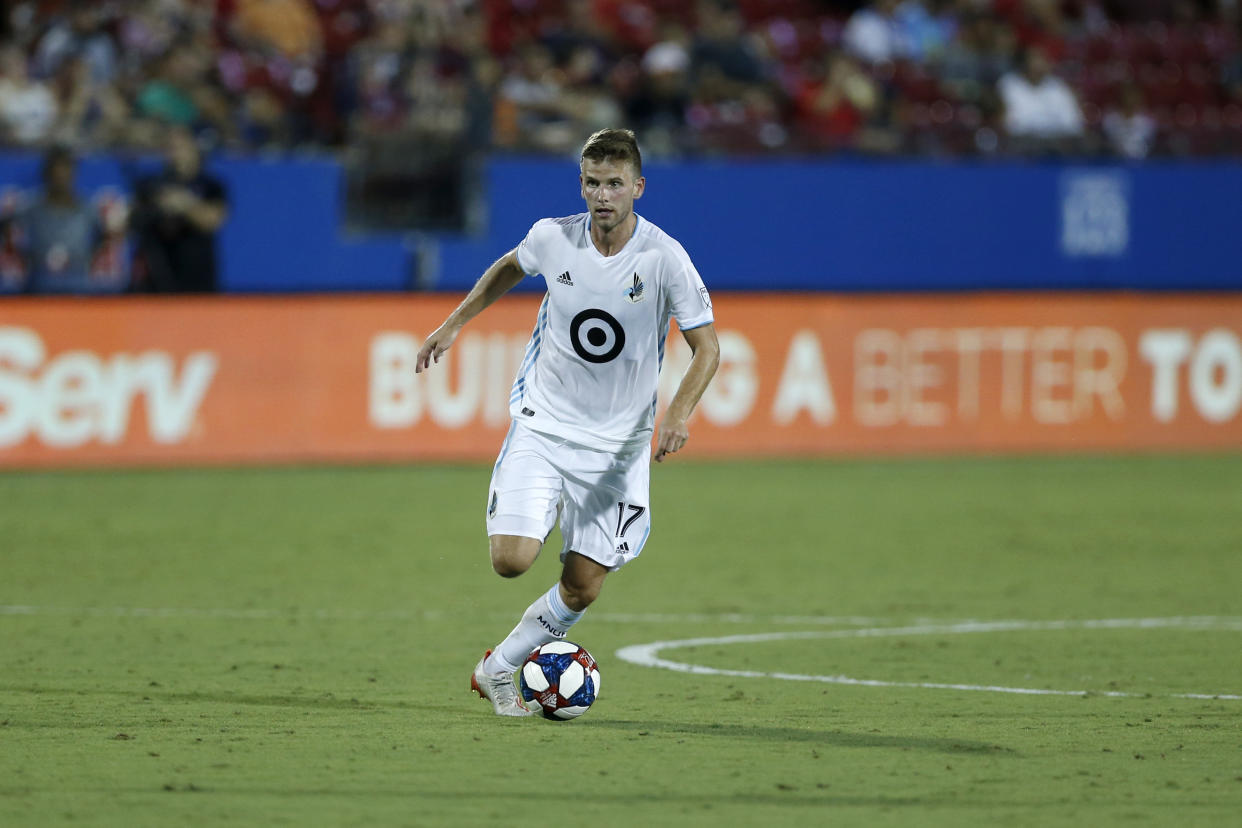 Minnesota United midfielder Collin Martin advances the ball during the second half of an MLS soccer match against FC Dallas in Frisco, Texas, Saturday, Aug. 10, 2019. FC Dallas beat Minnesota United 5-3. (AP Photo/Roger Steinman)