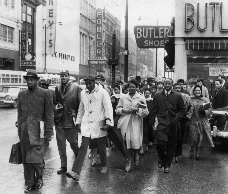 Knoxville College students (from left) Warren Brown, Robert Booker, Olin Franklin, Lucille Thompson, Aaron Allen, John Dean and Georgia Walker participate in a civil rights demonstration in March 1960.