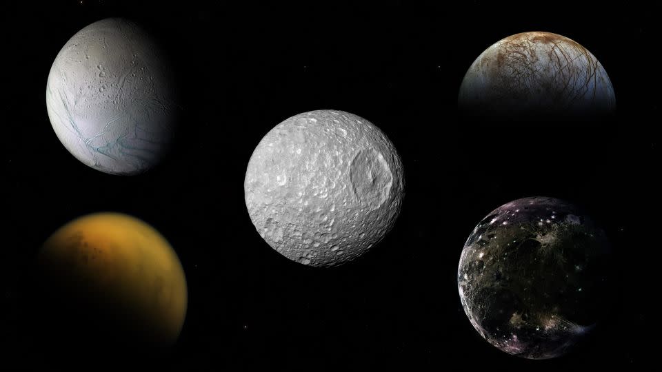 Ocean worlds such as Enceladus and Europa (top left, top right), Titan and Callisto (bottom left, bottom right) and now Mimas (center), may be the best worlds to search for life beyond Earth. - Frédéric Durillon/Animea Studio/Observatoire de Paris - PSL, IMCCE