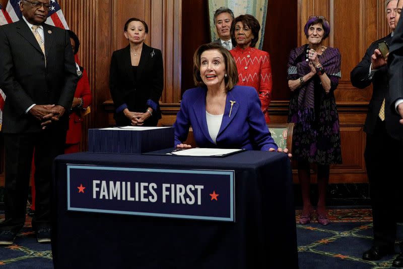 House Speaker Pelosi holds coronavirus aid bill signing ceremony at the U.S. Capitol in Washington