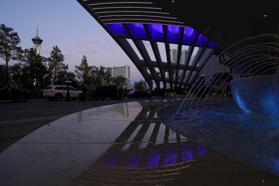 Water sprays from a fountain in the porte cochere at the Fontainebleau Las Vegas hotel-casino Tuesday, Dec. 12, 2023, in Las Vegas. The property is scheduled to open Wednesday. (AP Photo/John Locher)