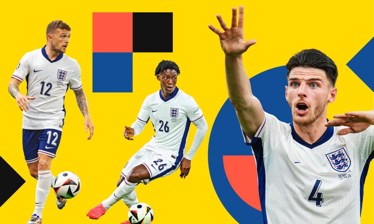 <span>Kieran Trippier, Kobbie Mainoo, Declan Rice.</span><span>Composite: Guardian design</span>