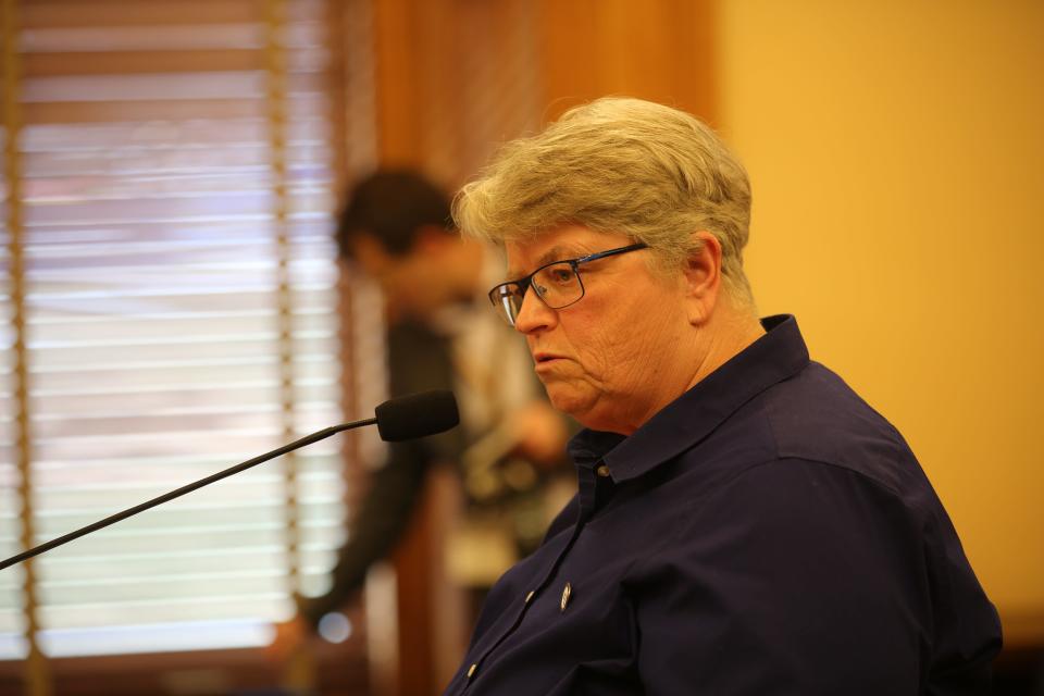 Lawrence Mayor Lisa Larson testifies in opposition of a bill to criminalize sleeping or camping on public land Thursday in the House Welfare Reform Committee.
