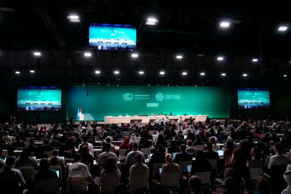 Cop28 president Sultan al-Jaber attends a plenary session at the Cop28 UN Climate Summit, (AP)