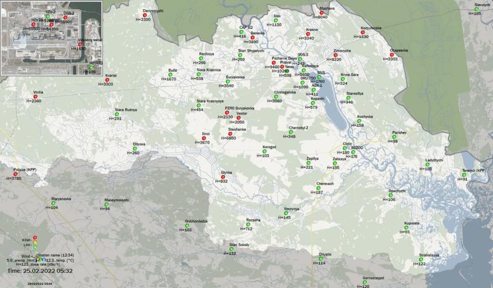 <span class="caption">Niveles de radiación (en nanoSv/h) en las diferentes estaciones de medición distribuidas en la Zona de Exclusión de Chernóbil, Ucrania, a la 5:32AM del 25 de febrero de 2022. Ecocentre - Chernobyl Exclusion Zone, Ucrania.</span> <span class="attribution"><span class="source">State Inspectorate for Nuclear Regulation of Ukraine</span></span>