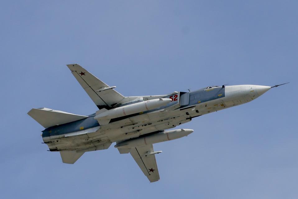 Russian Su-24 fly over Moscow during the general rehearsal for the Victory Day parade in Moscow, Russia, 07 May 2022. The Victory parade will take place on the Red Square on 09 May to commemorate the victory of the Soviet Union's Red Army over Nazi-Germany in WWII.