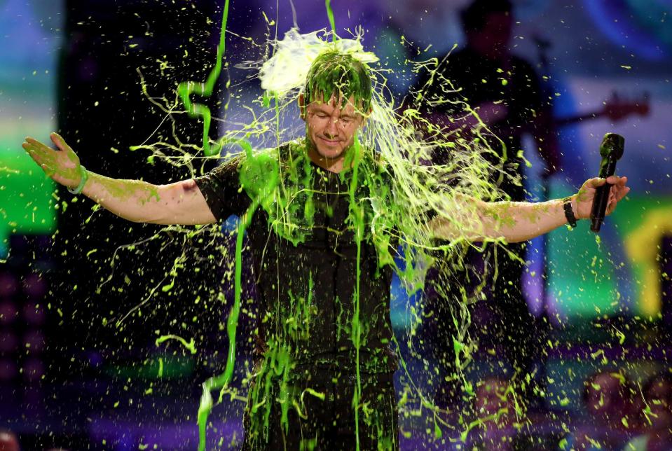 Mark Wahlberg gets slimed at the 27th annual Kids' Choice Awards at the Galen Center on Saturday, March 29, 2014, in Los Angeles. (Photo by Matt Sayles/Invision/AP)