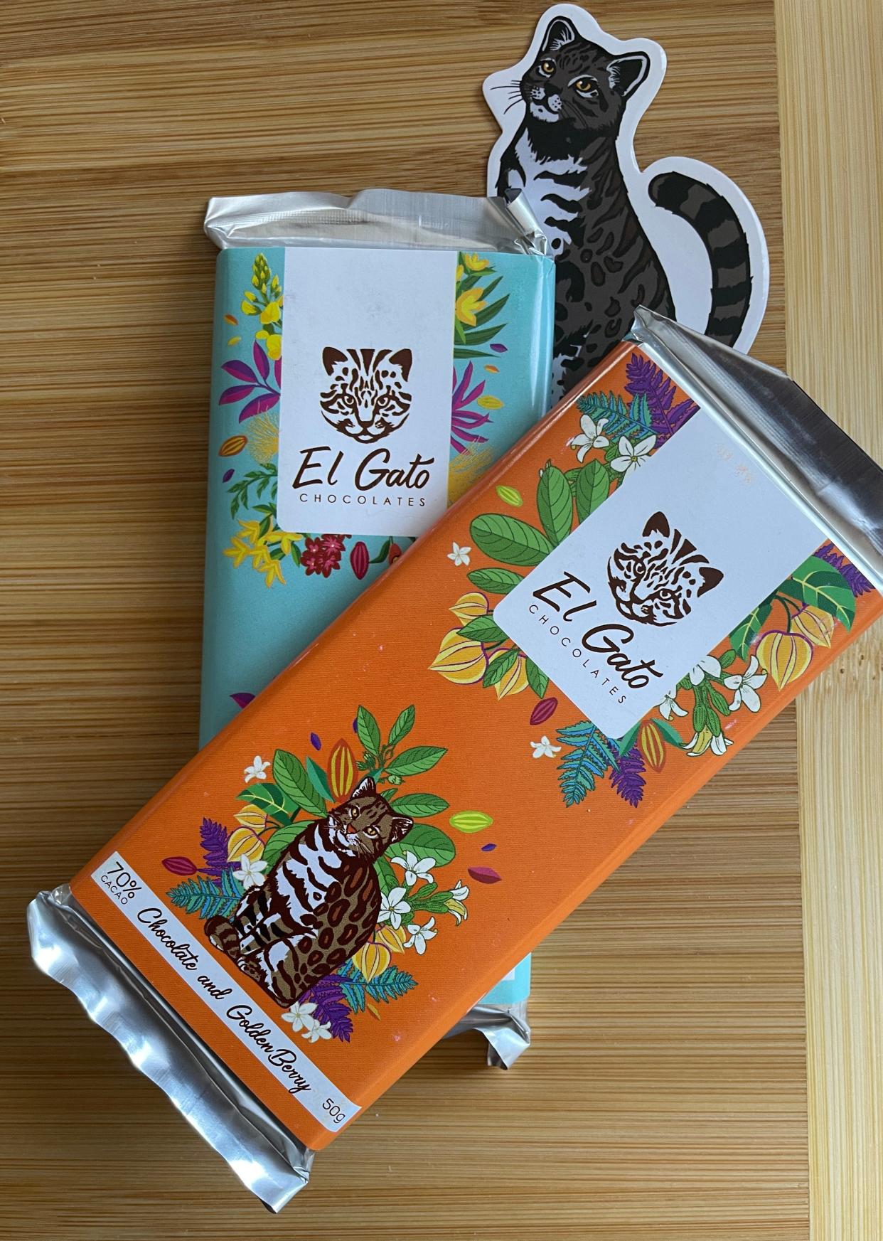 El Gato Chocolate bars are made with cacao from Peru and feature endangered wildcats on their labels. The company donates 10% of its profits to organizations working to protect wildcats.