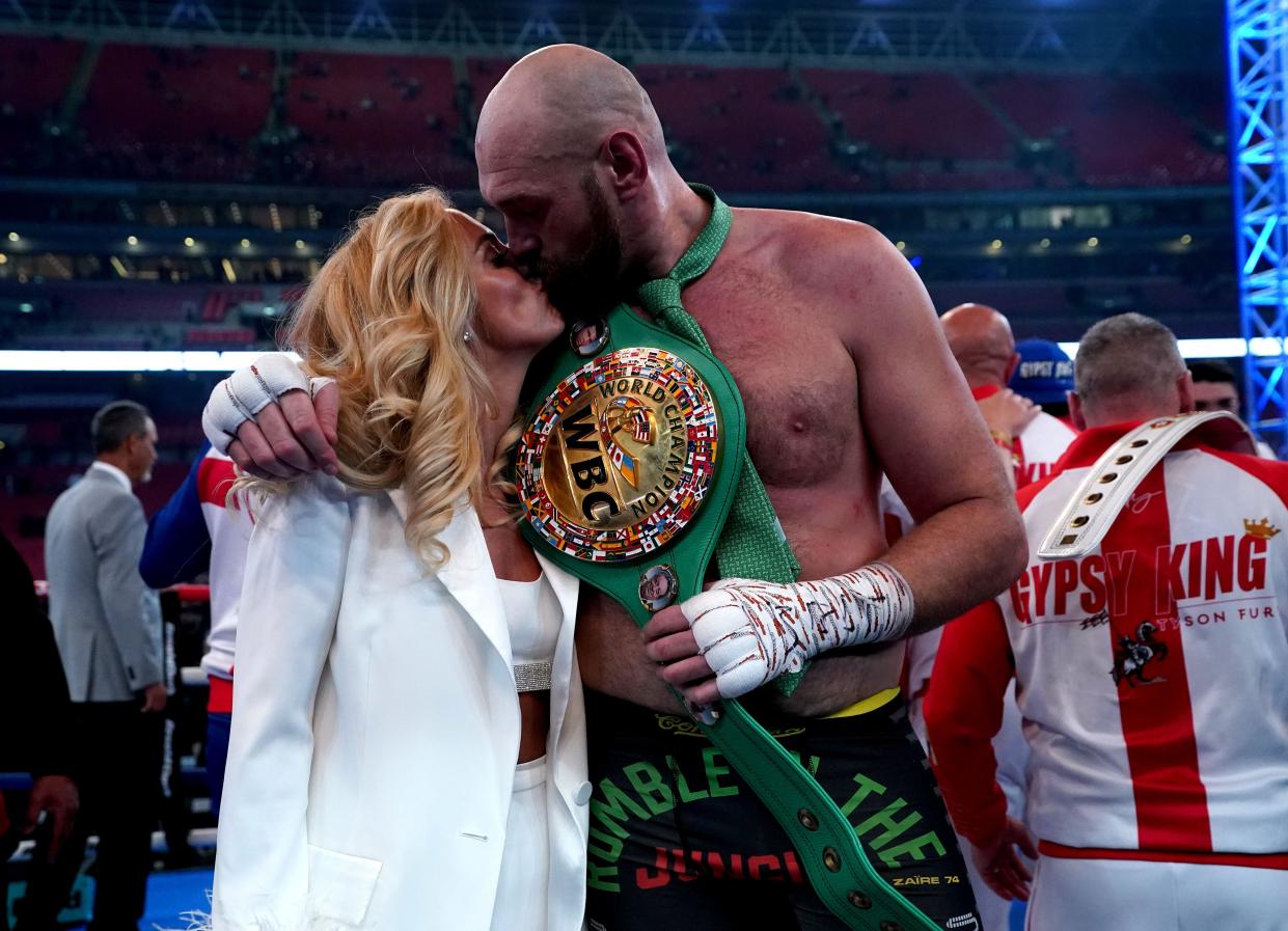 Tyson Fury with his wife Paris following victory over Dillian Whyte at Wembley Stadium, London. Picture date: Saturday April 23, 2022.