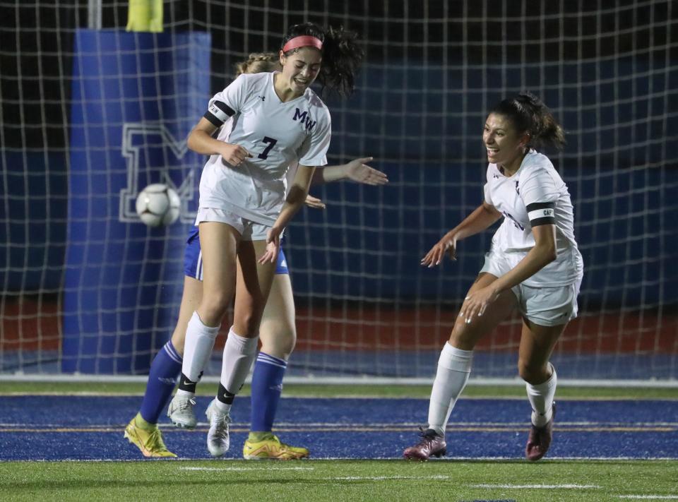 Monroe-Woodbury's Francesca Donovan (7) celebrates her goal against Valley Central during the Section 9 Class AA girls soccer championship at Middletown Oct. 26, 2022. Monroe-Woodbury won 2-0.