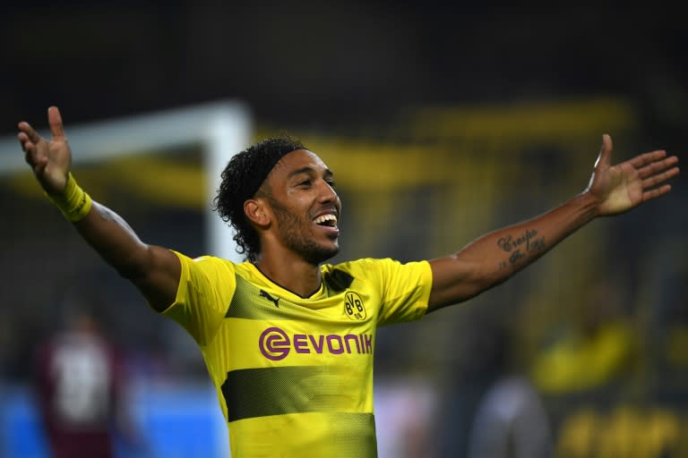 Dortmund's striker Pierre-Emerick Aubameyang celebrates scoring during the German First division Bundesliga football match against Borussia Moenchengladbach September 23, 2017