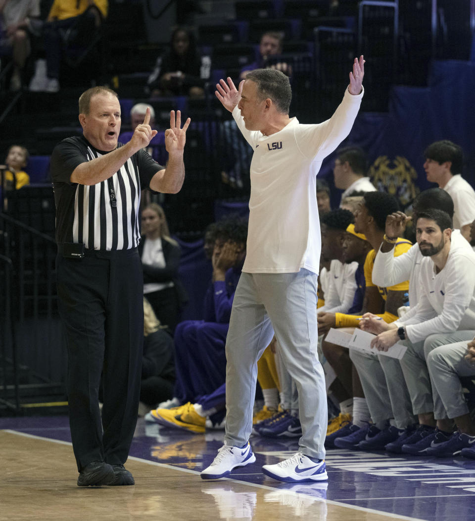 LSU head coach Matt McMahon reacts to a call against during an NCAA college basketball game against Kansas State, Saturday, Dec. 9, 2023, at the LSU PMAC in Baton Rouge, La. (Hilary Scheinuk/The Advocate via AP)