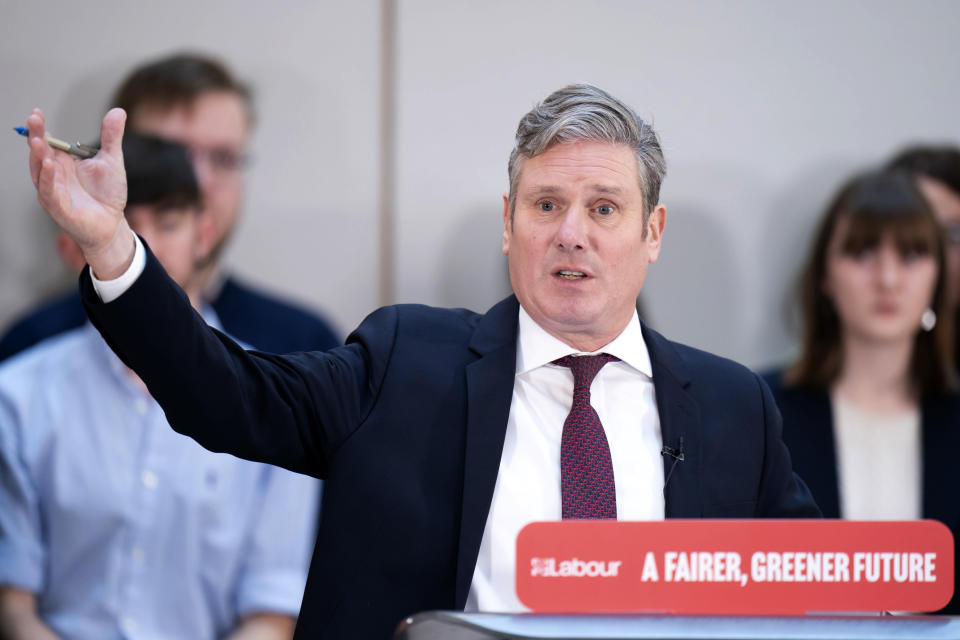 Labour Party leader Keir Starmer speaks during a Labour Party press conference to launch a report on constitutional change and political reform, at Nexus, University of Leeds, in Leeds, England, Monday, Dec. 5, 2022. Britain’s opposition Labour Party on Monday pledged to replace Parliament’s unelected upper house with an elected chamber if it wins government — one of a raft if policies intended to stake out Labour's ground for the next election. (Danny Lawson/PA via AP)