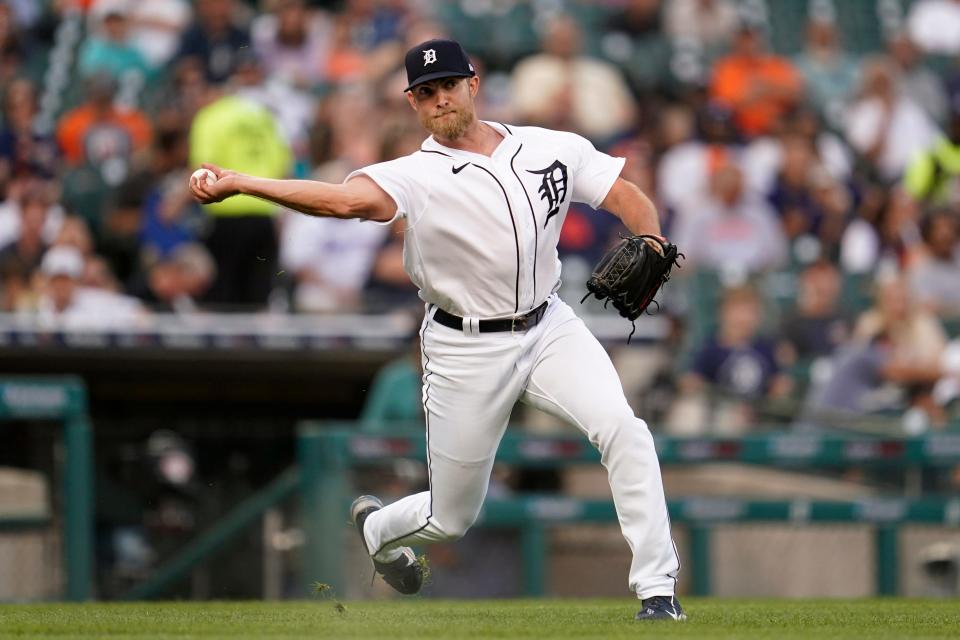 Detroit Tigers relief pitcher Will Vest throws to first base on Texas Rangers' Ezequiel Duran's ground ball in the sixth inning at Comerica Park in Detroit on Friday, June 17, 2022. Duran advanced to second base on an error on the throw.