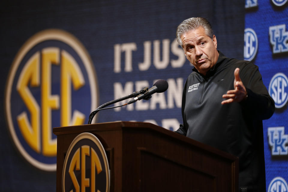 Kentucky head coach John Calipari speaks during the Southeastern Conference NCAA college basketball media day, Wednesday, Oct. 16, 2019, in Birmingham, Ala. (AP Photo/Butch Dill)