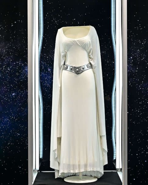 PHOTO: The Princess Leia dress worn by actress Carrie Fisher in the 1977 film 'Star Wars' on display at Propstore in Valencia, Calif., on May 16, 2023. (Frederic J. Brown/AFP via Getty Images)