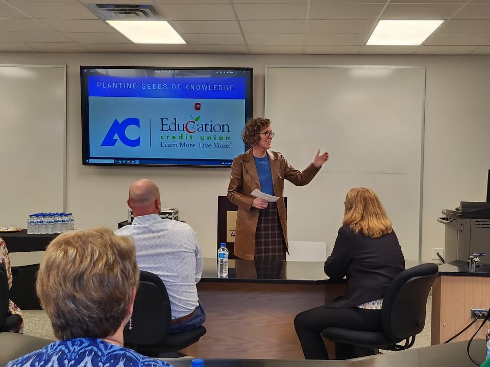 Amarillo College's (AC) interim President, Denese Skinner, speaks on behalf of AC and accepts the $500,000 STEM scholarship endowment from the ECU Foundation at a check presentation Tuesday afternoon in the newly named ECU Foundation STEM Lab in the AC STEM Research Center.