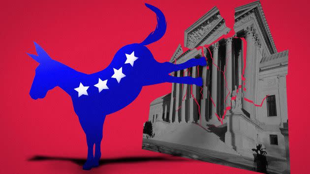 After the Dobbs decision, Democrats touted their legislation to reform the court by imposing term limits, requiring justices to abide by ethics rules, providing a legislative veto for certain decisions and adding four seats to the court. (Photo: Illustration: Damon Dahlen/HuffPost; Photos: Getty)