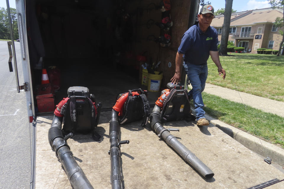 Antonio Espinoza, a supervisor with the Gras Lawn landscaping company, removes gasoline-powered leaf blowers from his company's truck to clean up around a housing development in Brick, N.J. on June 18, 2024. New Jersey is one of many states either considering or already having banned gasoline-powered leaf blowers on environmental and health grounds, but the landscaping industry says the battery-powered devices favored by environmentalists and some governments are costlier and less effective than the ones they currently use. (AP Photo/Wayne Parry)