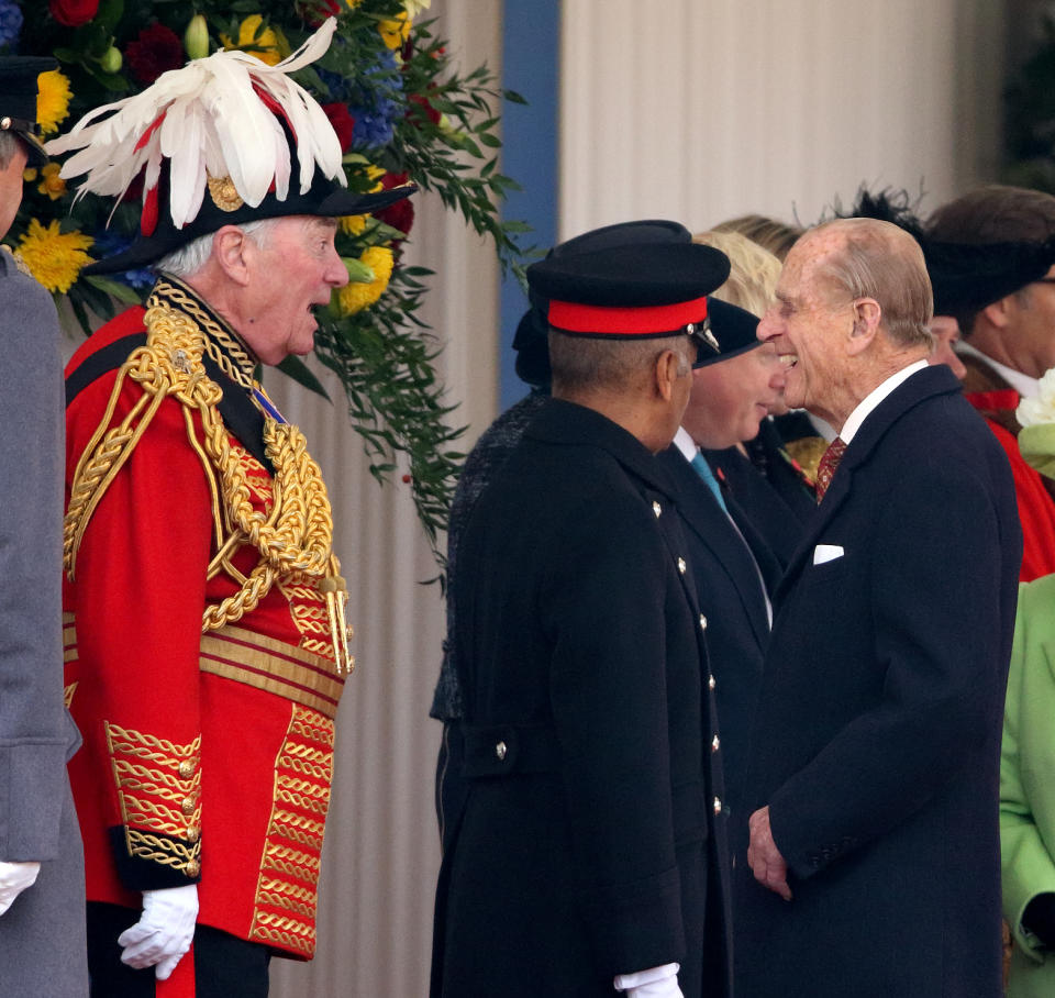 LONDON, UNITED KINGDOM - NOVEMBER 01: (EMBARGOED FOR PUBLICATION IN UK NEWSPAPERS UNTIL 48 HOURS AFTER CREATE DATE AND TIME) Lord Samuel Vestey, Master of the Horse, talks with Prince Philip, Duke of Edinburgh during the Ceremonial Welcome for the President of Colombia at Horse Guards Parade on November 1, 2016 in London, England. The President of the Republic of Colombia Juan Manuel Santos and his wife Maria Clemencia Rodriguez de Santos are paying their first State Visit to the UK as official guests of Queen Elizabeth. (Photo by Max Mumby/Indigo/Getty Images)