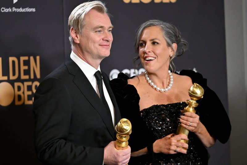 Christopher Nolan and Emma Thomas won the Golden Globe for the Best Motion Picture -- Drama for "Oppenheimer." The film is nominated for 13 Oscars. Photo by Chris Chew/UPI