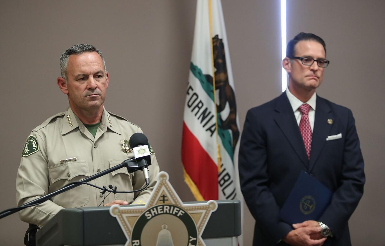 Riverside County Sheriff Chad Bianco, left, and District Attorney Mike Hestrin in 2020.